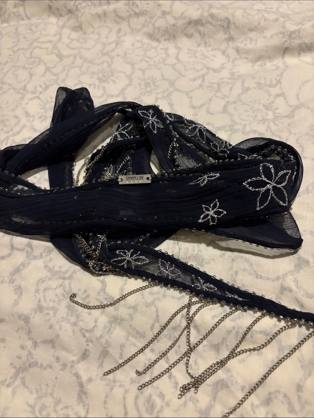 Chan Luu Navy Scarf with Silver Embellished Floral Detail